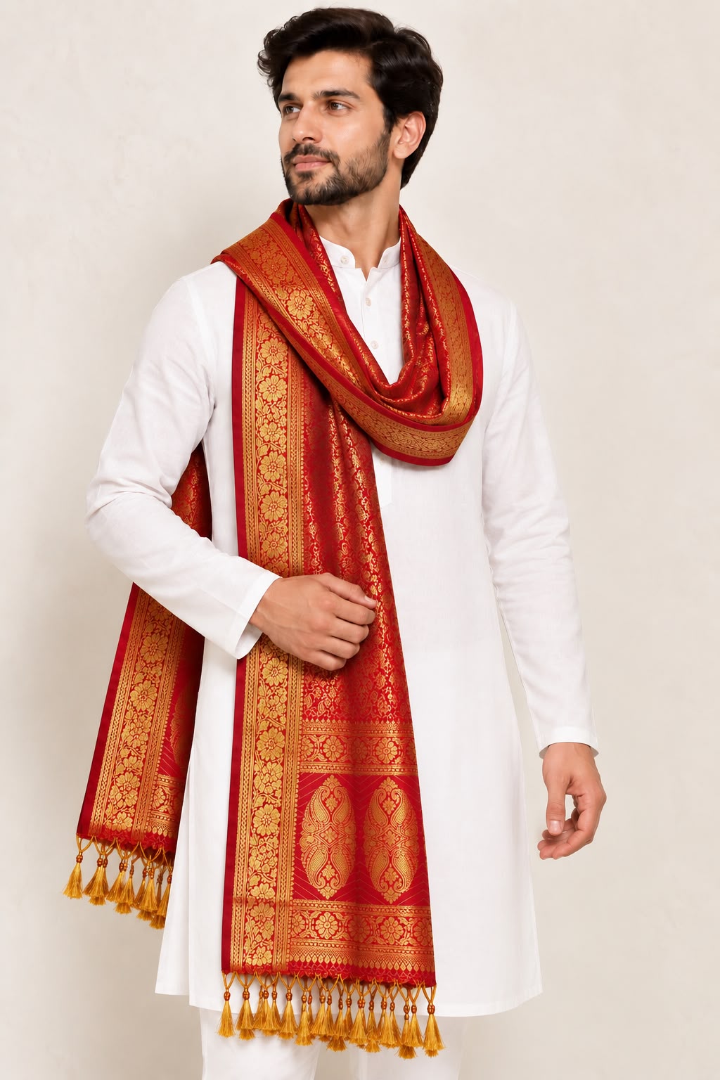 Red Banarasi Silk Angvastram / Khes – Sacred Stole for Welcoming Guests, Temple Visits & Felicitations