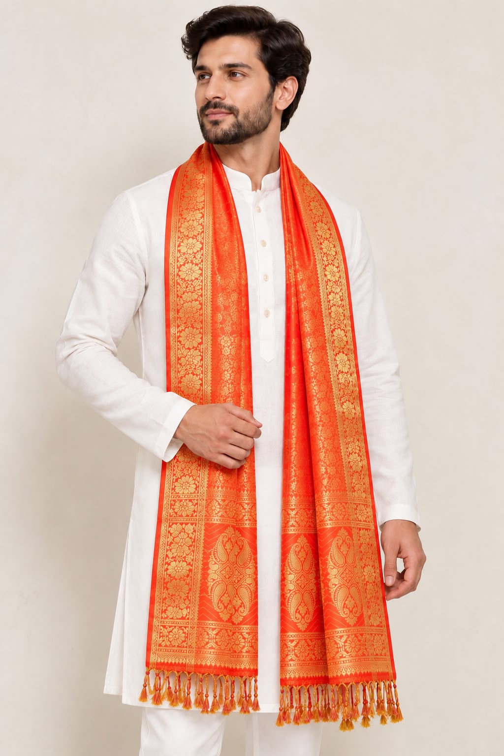 Orange Banarasi Silk Angvastram / Khes – Sacred Stole for Welcoming Guests, Temple Visits & Felicitations