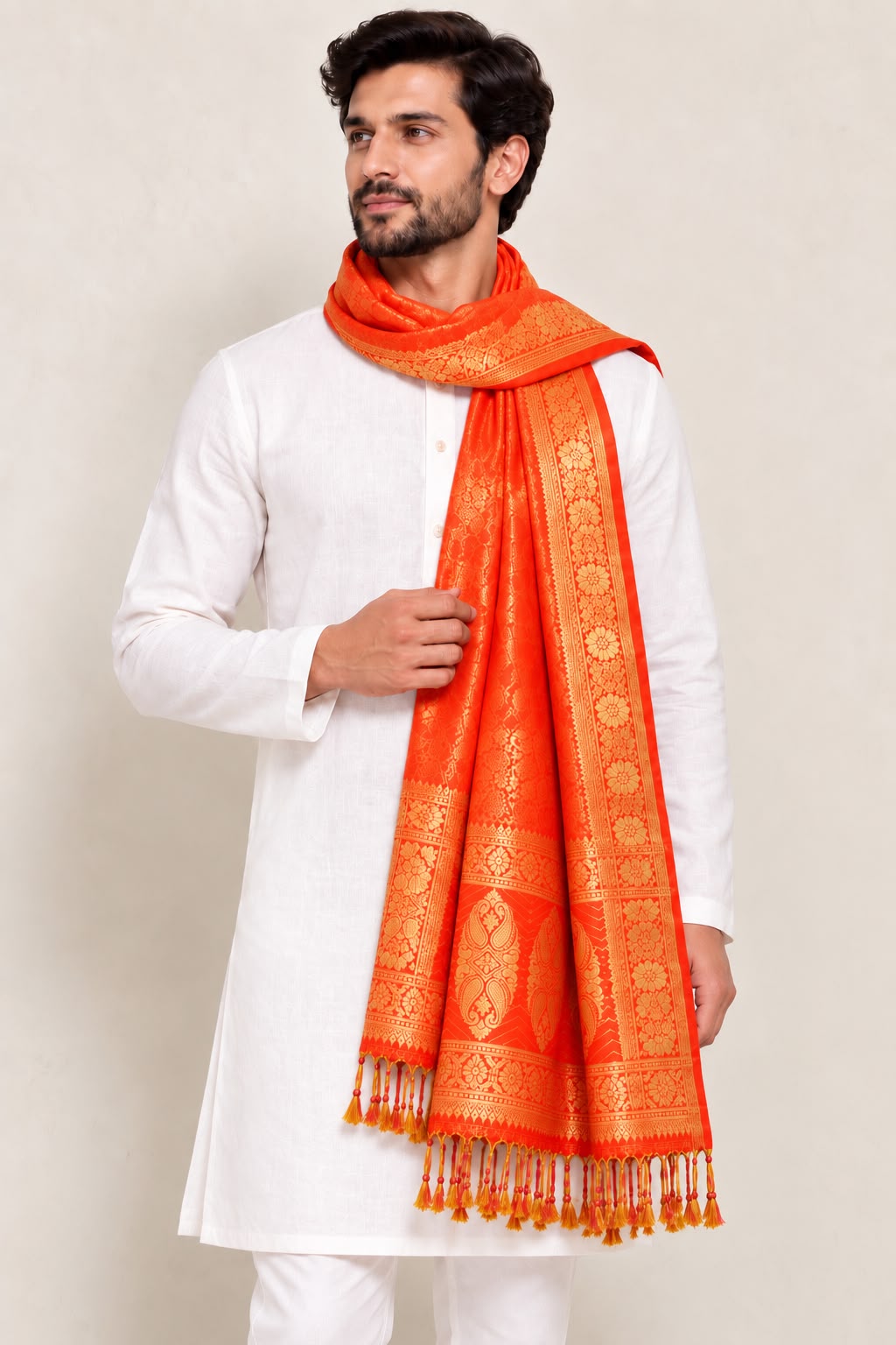 Orange Banarasi Silk Angvastram / Khes – Sacred Stole for Welcoming Guests, Temple Visits & Felicitations