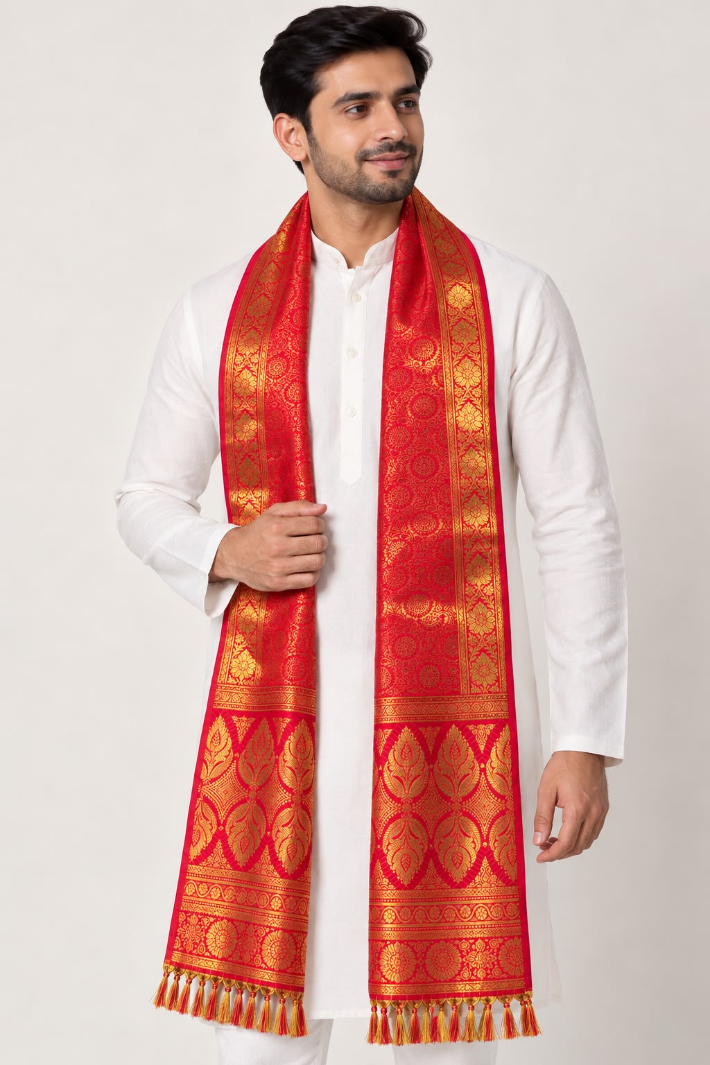 Reddish Orange Banarasi Silk Angvastram / Khes – Sacred Stole for Welcoming Guests, Temple Visits & Felicitations