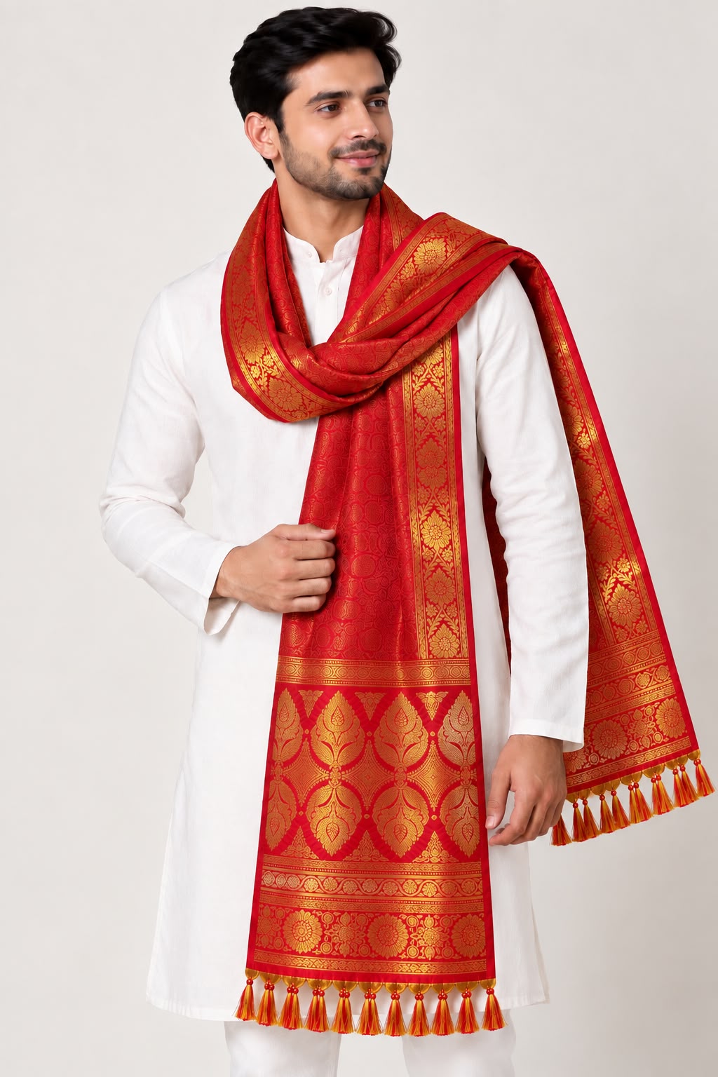 Reddish Orange Banarasi Silk Angvastram / Khes – Sacred Stole for Welcoming Guests, Temple Visits & Felicitations