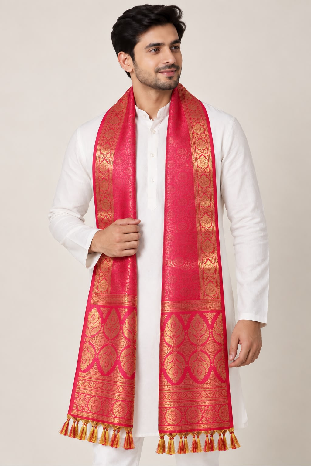Pink Banarasi Silk Angvastram / Khes – Sacred Stole for Welcoming Guests, Temple Visits & Felicitations