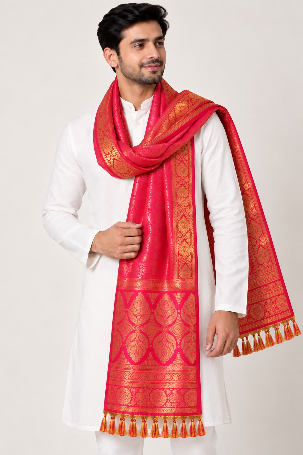 Pink Banarasi Silk Angvastram / Khes – Sacred Stole for Welcoming Guests, Temple Visits & Felicitations