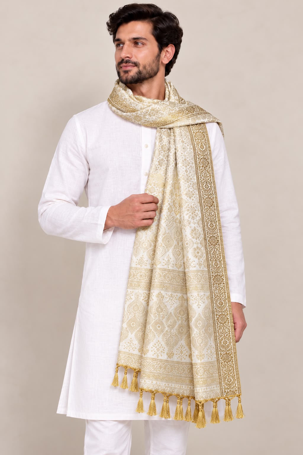 Off White Banarasi Silk Angvastram / Khes – Sacred Stole for Welcoming Guests, Temple Visits & Felicitations