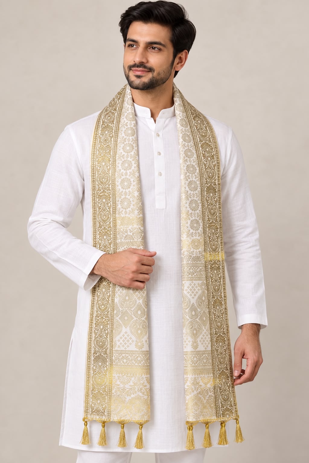 Off White Banarasi Silk Angvastram / Khes – Sacred Stole for Welcoming Guests, Temple Visits & Felicitations