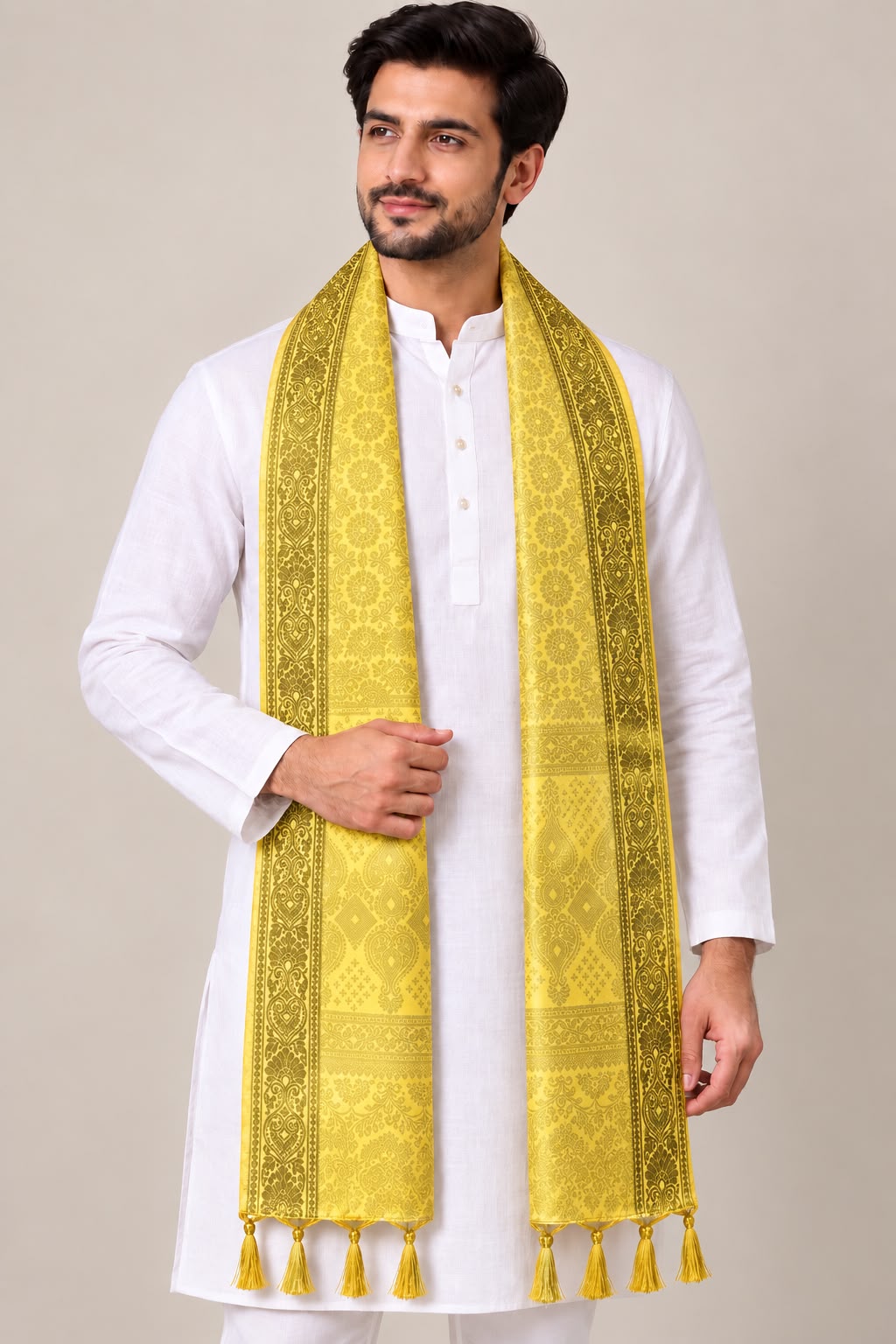 Yellow Banarasi Silk Angvastram / Khes – Sacred Stole for Welcoming Guests, Temple Visits & Felicitations