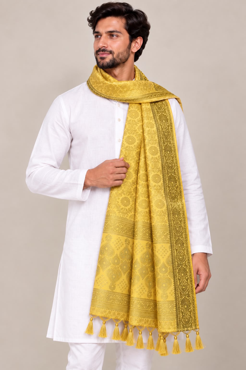 Yellow Banarasi Silk Angvastram / Khes – Sacred Stole for Welcoming Guests, Temple Visits & Felicitations