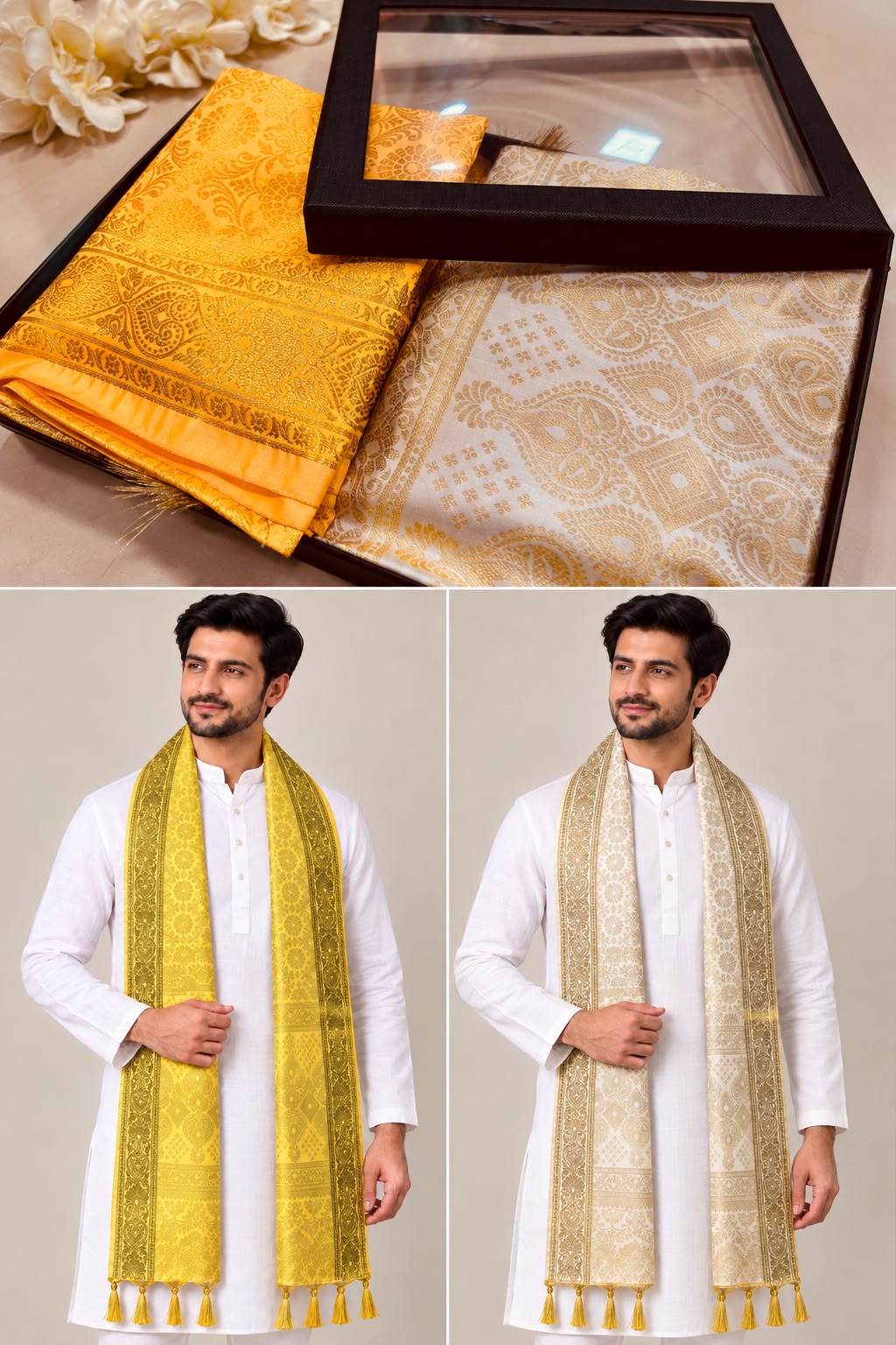 Yellow & White Banarasi Silk Fashion Stole — Gift Set of Two