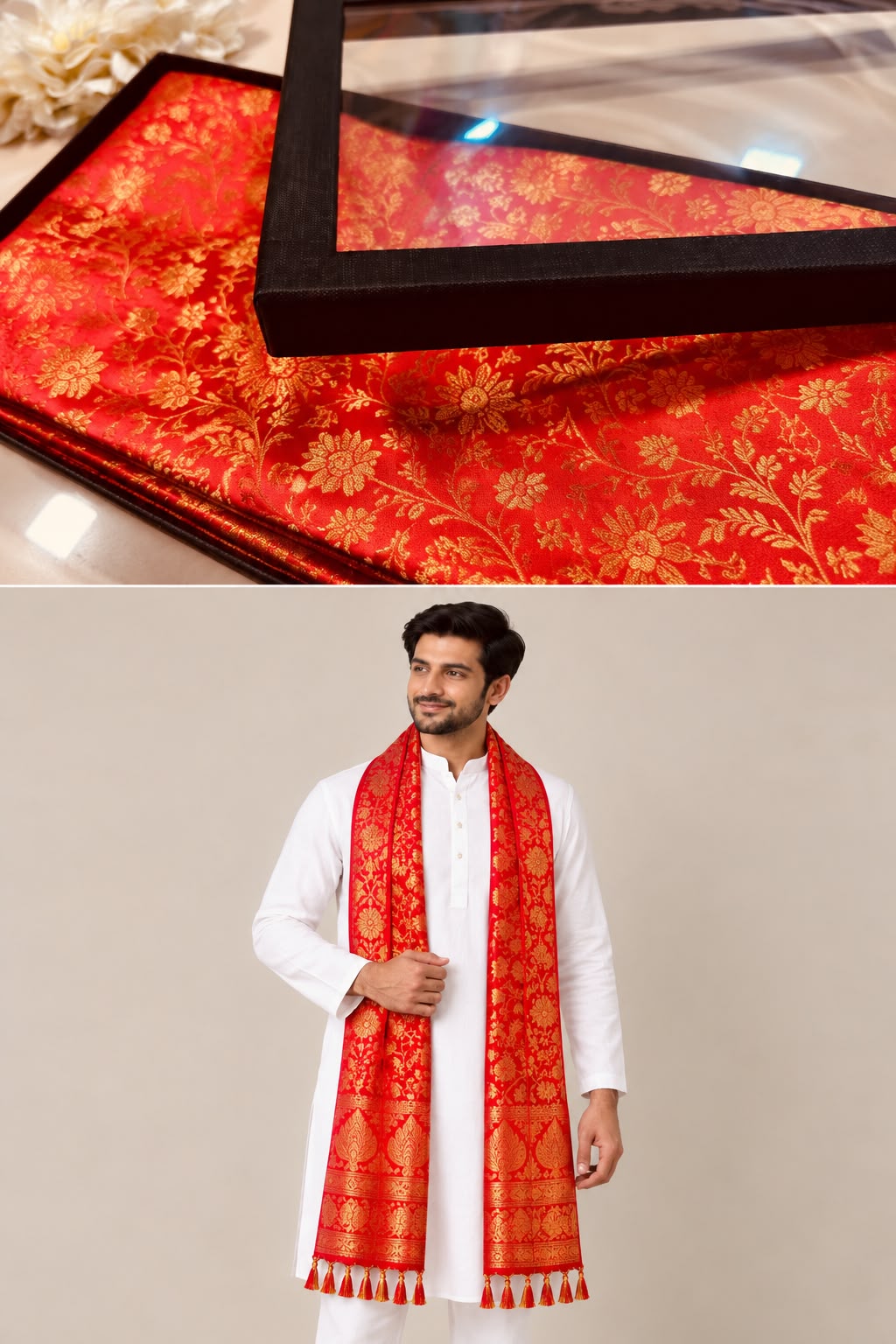 Premium Red Banarasi Silk Fashion Stole Gift Box Stylish Wrap