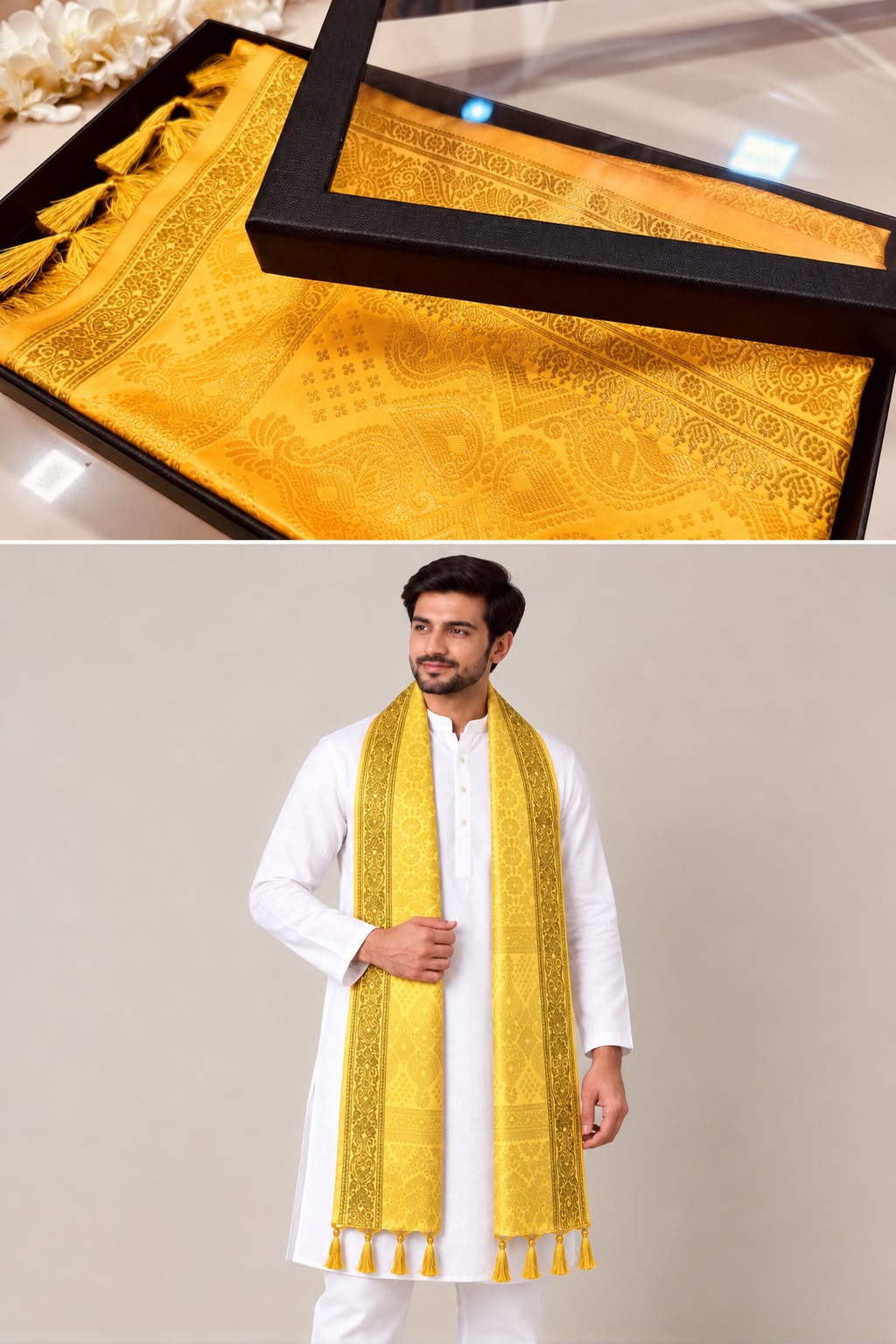 Premium Yellow Banarasi Silk Fashion Stole Gift Box Stylish Wrap
