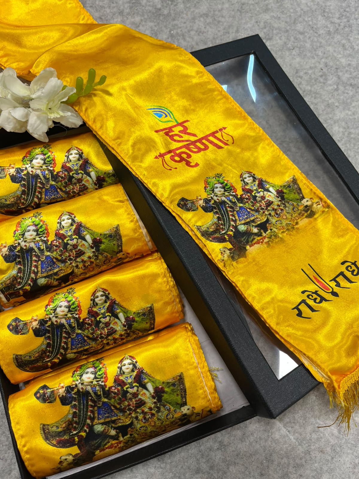 Hare Krishna Radhe Radhe Gift Box Stole Set Of  5