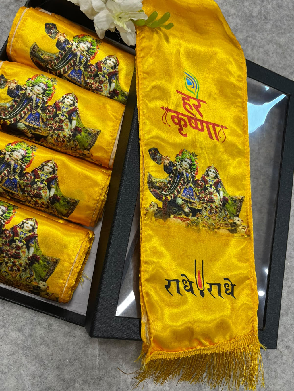 Hare Krishna Radhe Radhe Gift Box Stole Set Of  5