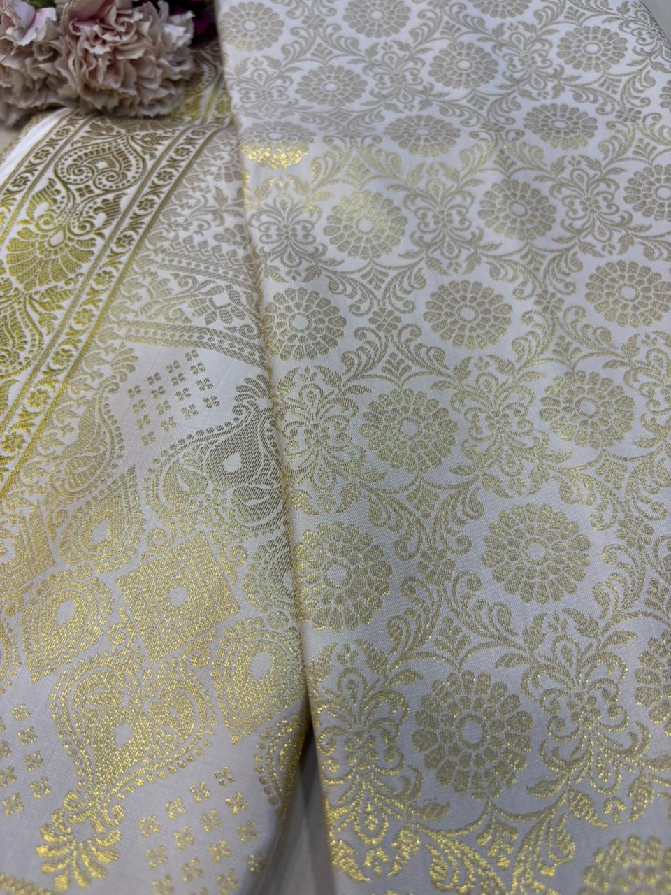 Off White Banarasi Silk Angvastram / Khes – Sacred Stole for Welcoming Guests, Temple Visits & Felicitations
