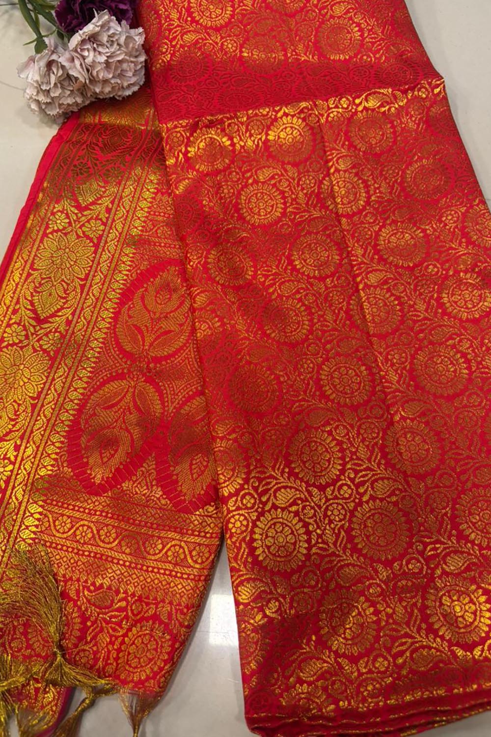 Reddish Orange Banarasi Silk Angvastram / Khes – Sacred Stole for Welcoming Guests, Temple Visits & Felicitations