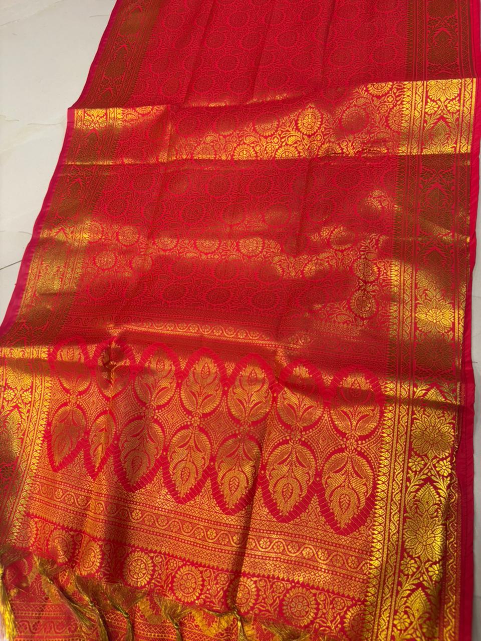 Reddish Orange Banarasi Silk Angvastram / Khes – Sacred Stole for Welcoming Guests, Temple Visits & Felicitations