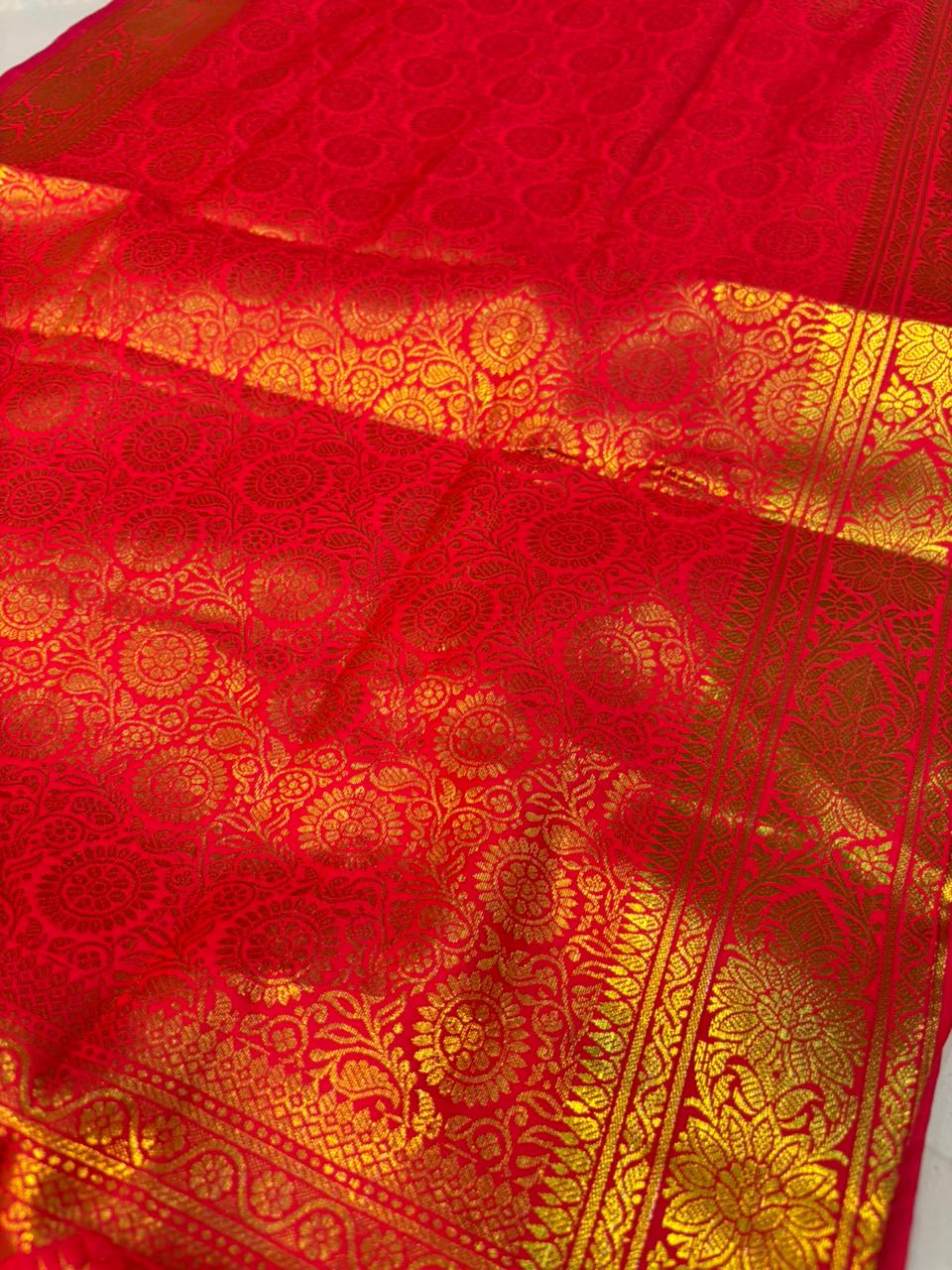 Reddish Orange Banarasi Silk Angvastram / Khes – Sacred Stole for Welcoming Guests, Temple Visits & Felicitations