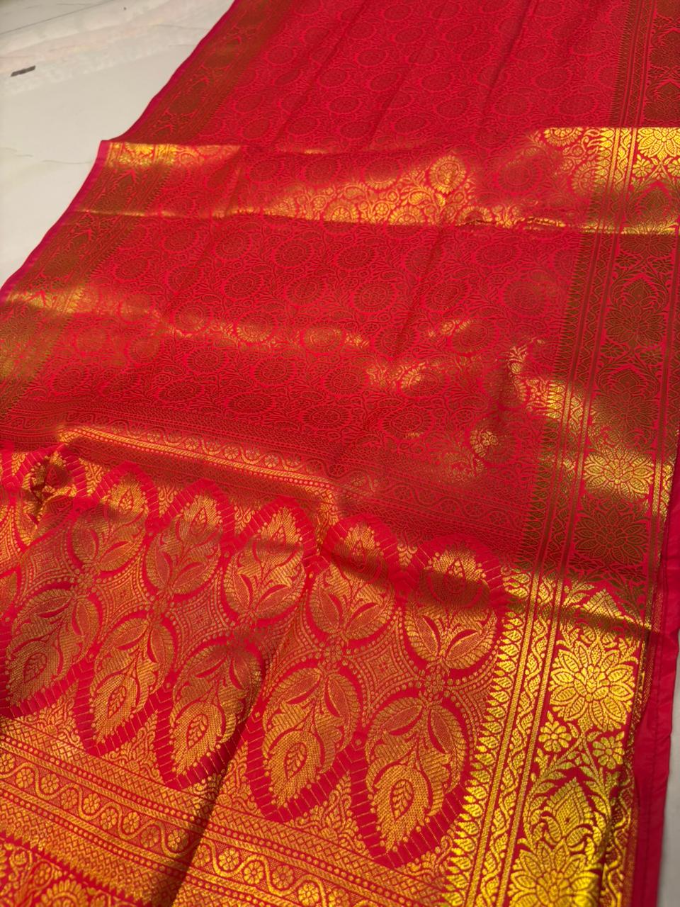 Reddish Orange Banarasi Silk Angvastram / Khes – Sacred Stole for Welcoming Guests, Temple Visits & Felicitations