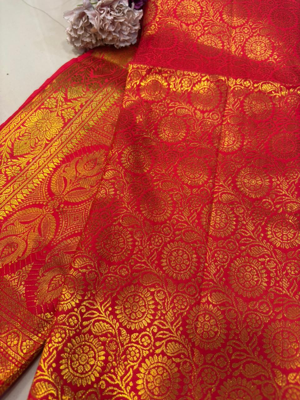 Reddish Orange Banarasi Silk Angvastram / Khes – Sacred Stole for Welcoming Guests, Temple Visits & Felicitations
