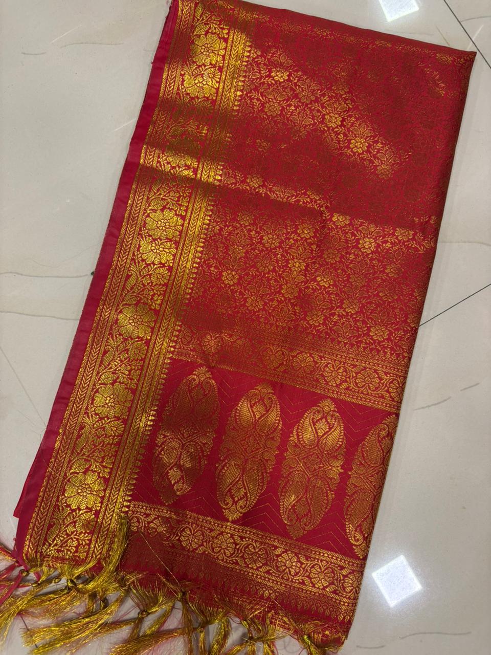Red Banarasi Silk Angvastram / Khes – Sacred Stole for Welcoming Guests, Temple Visits & Felicitations