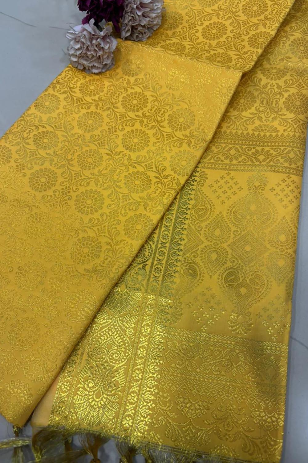 Yellow Banarasi Silk Angvastram / Khes – Sacred Stole for Welcoming Guests, Temple Visits & Felicitations