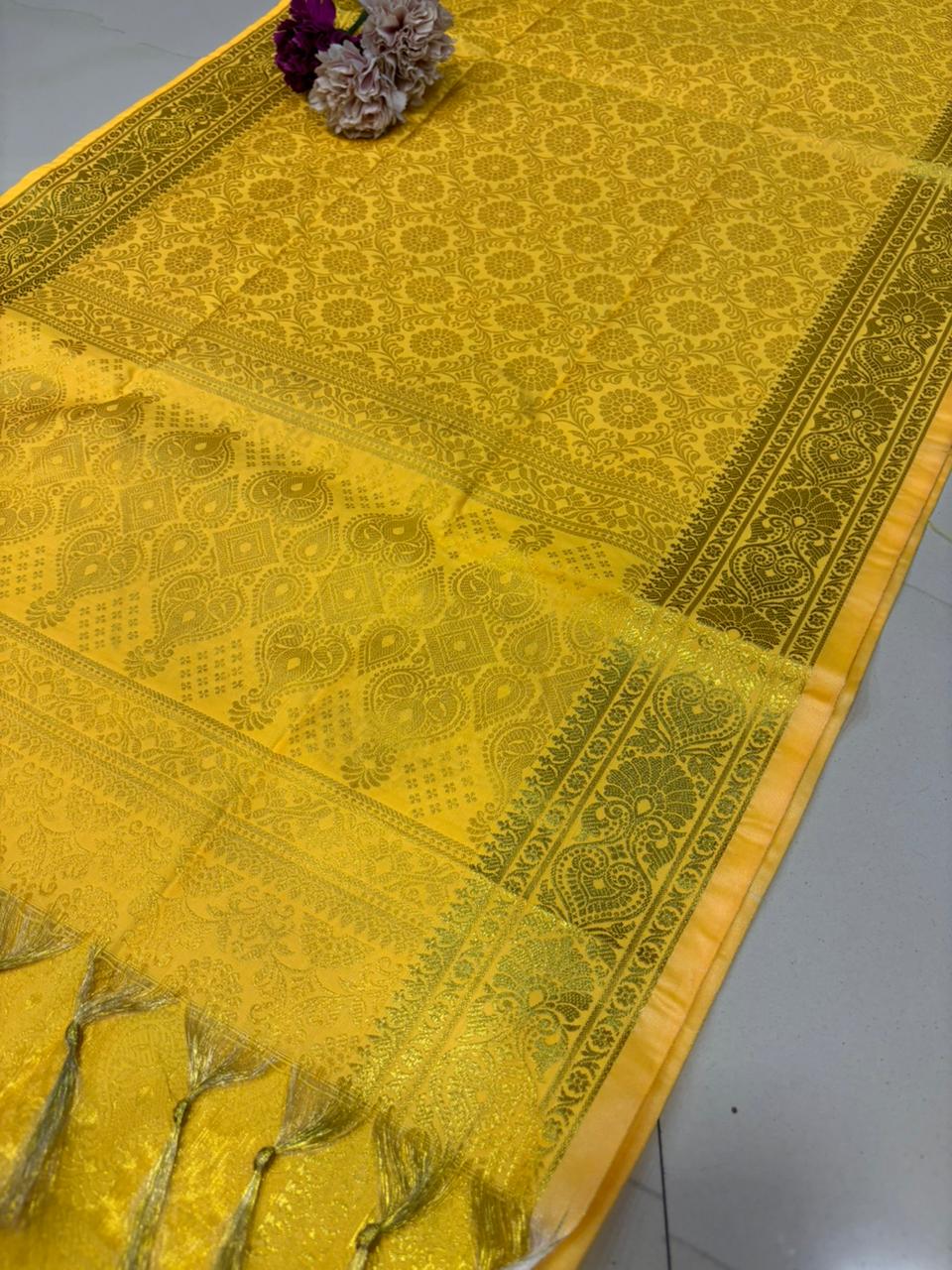 Yellow Banarasi Silk Angvastram / Khes – Sacred Stole for Welcoming Guests, Temple Visits & Felicitations