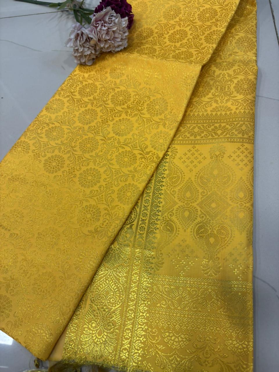 Yellow Banarasi Silk Angvastram / Khes – Sacred Stole for Welcoming Guests, Temple Visits & Felicitations