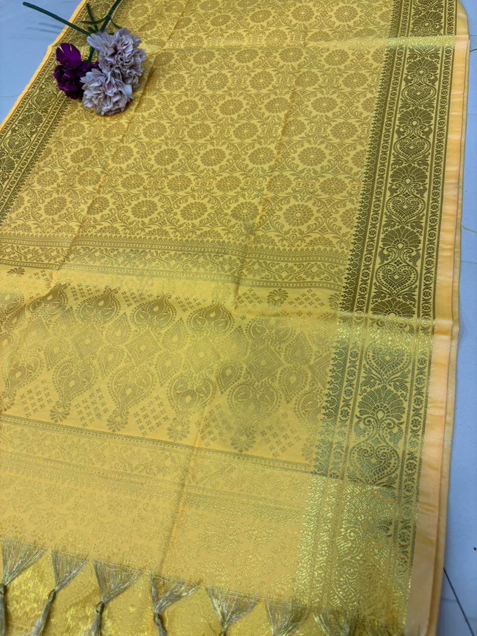 Yellow Banarasi Silk Angvastram / Khes – Sacred Stole for Welcoming Guests, Temple Visits & Felicitations